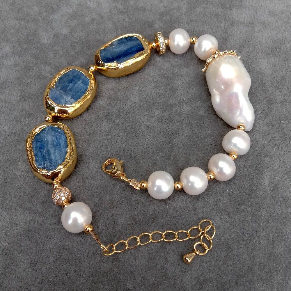 Keshi Pearl Natural Blue Kyanite Bracelet Fashion Fine Handmade Jewelry For Gift